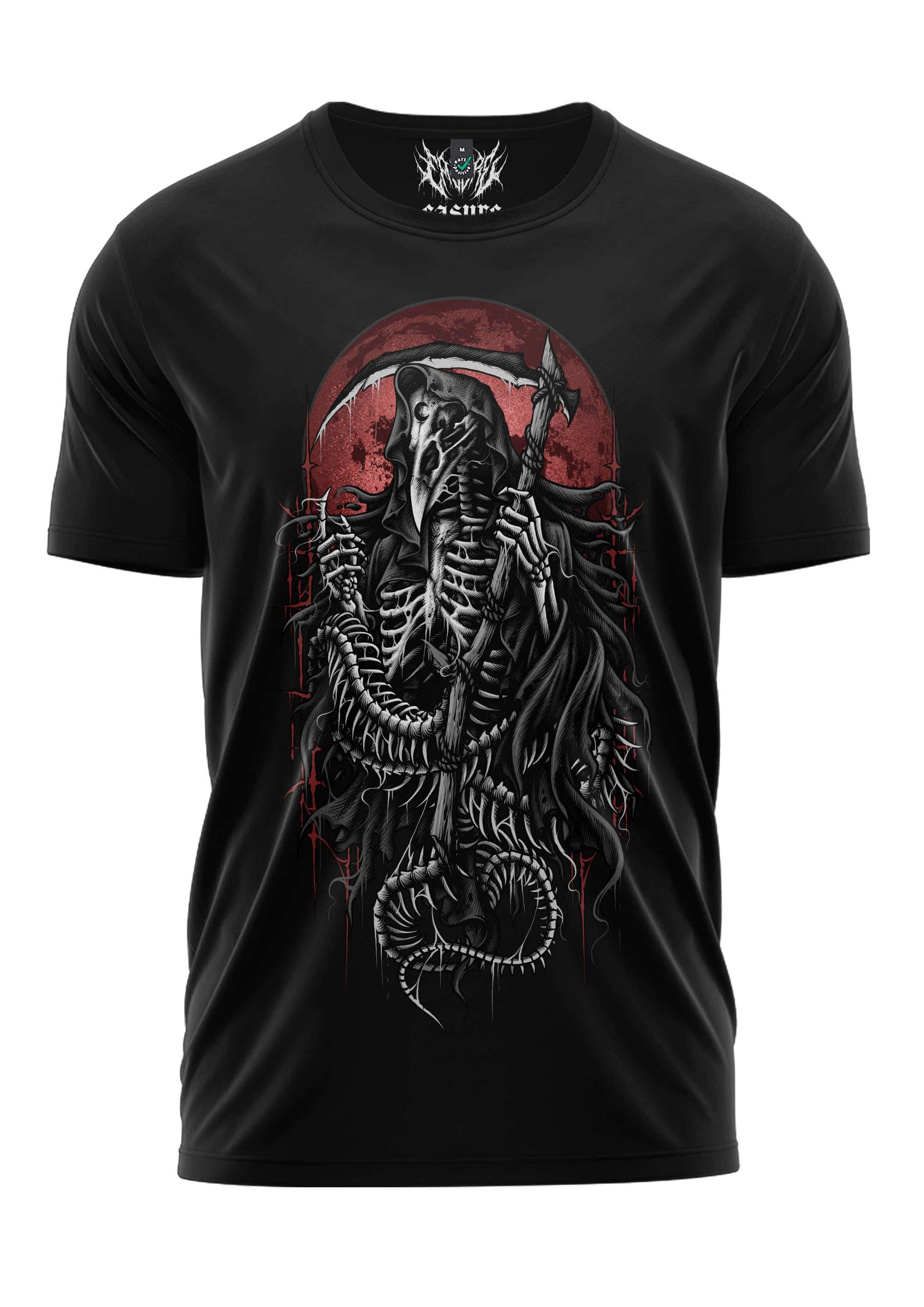Schwarzes kurzarmshirt reaperbird mit detailliertem gothic horror grimm reaper grafik und rotem kreisdesign